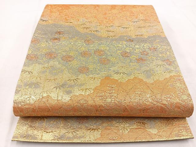 平和屋着物◎六通柄袋帯 横段草花文 金糸 正絹 逸品 未使用 BAAW8776yc