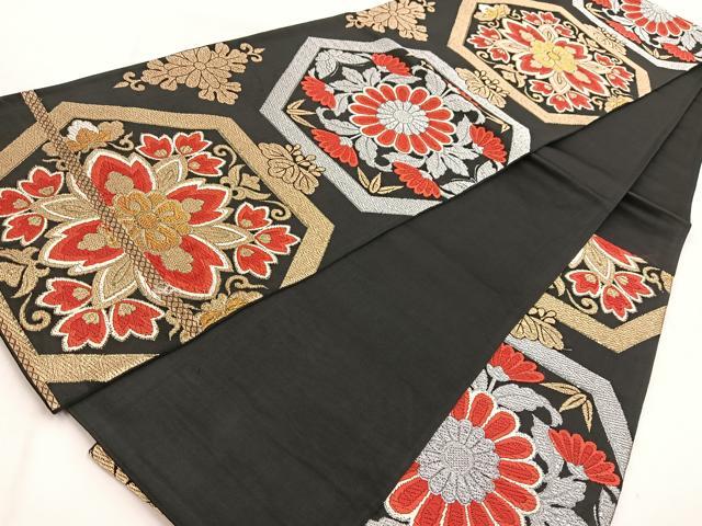 平和屋着物◎六通柄袋帯 唐織 亀甲更紗花文 黒地 金銀糸 BAAW8827yc