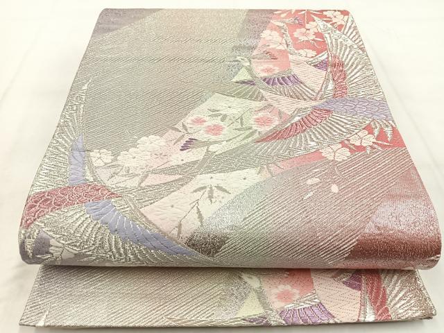 平和屋着物◎六通柄袋帯 唐織 孔雀花文 銀糸 正絹 逸品 BAAW8858yc
