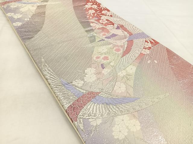 平和屋着物◎六通柄袋帯 唐織 孔雀花文 銀糸 正絹 逸品 BAAW8858yc