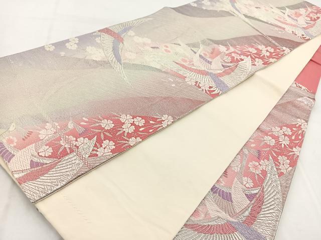 平和屋着物◎六通柄袋帯 唐織 孔雀花文 銀糸 正絹 逸品 BAAW8858yc