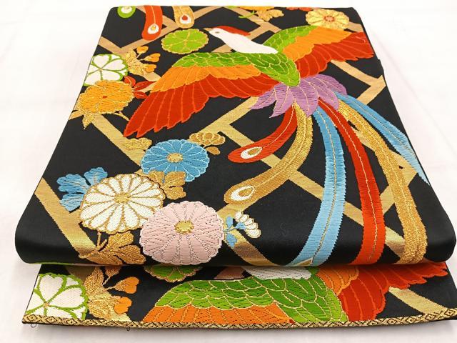 平和屋着物◎六通柄袋帯 唐織 鳳凰花文 黒地 金糸 正絹 逸品 BAAW8874yc