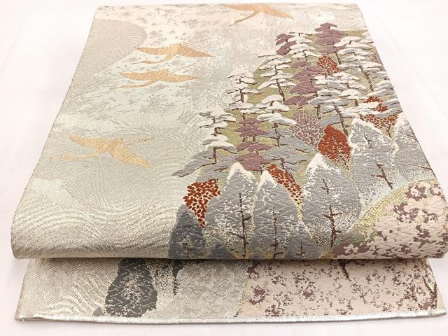 平和屋着物◎六通柄袋帯 唐織 飛鶴風景文 金銀糸 正絹 逸品 BAAW8880yc