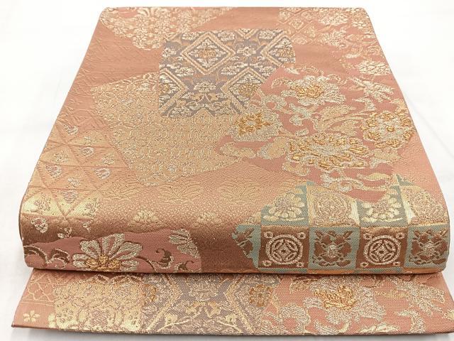 平和屋着物◎六通柄袋帯 色紙重ね更紗花文 金糸 正絹 逸品 BAAW8932yc
