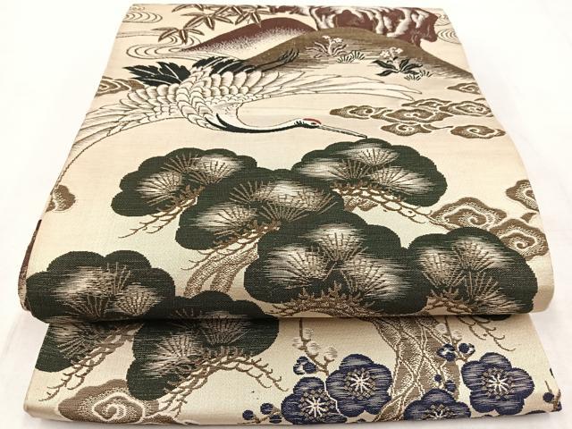 平和屋着物◎アンティーク 大正ロマン 丸帯 引き抜き帯 飛鶴松竹梅文 正絹 逸品 BAAW8947yc