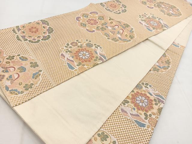 平和屋着物◎六通柄袋帯 唐織 市松彩華織 鴛鴦花文 金糸 正絹 逸品 BAAW8979yc