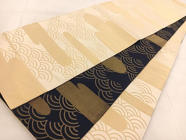 平和屋着物◎両面 全通柄袋帯 エ霞青海波文 金糸 正絹 逸品 BAAW8987yc