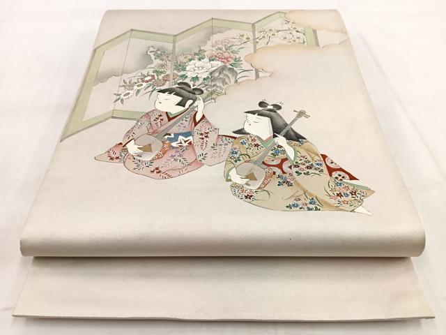 平和屋着物◎太鼓柄袋帯 手描き 人物楽器文 金銀彩 引箔 正絹 逸品 BAAW8989yc