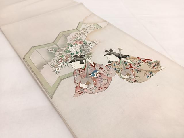 平和屋着物◎太鼓柄袋帯 手描き 人物楽器文 金銀彩 引箔 正絹 逸品 BAAW8989yc
