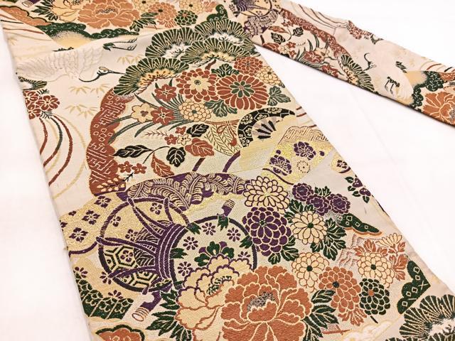 平和屋着物◎アンティーク 大正ロマン 九寸名古屋帯 唐織 飛鶴花文 金糸 正絹 逸品 BAAW8993yc