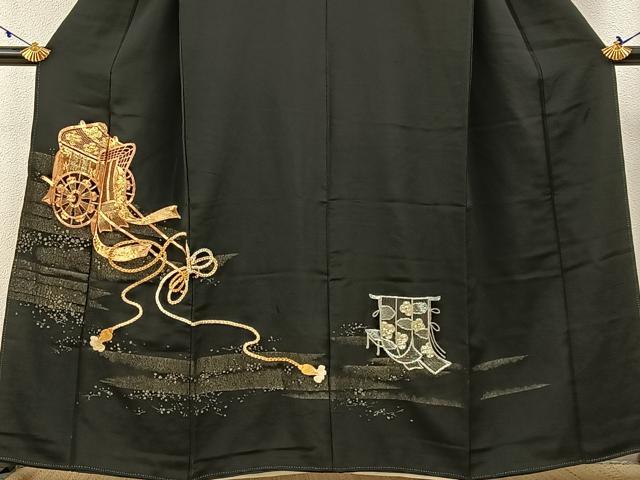 平和屋着物■豪華黒留袖 駒刺繍 寿光織 御所車文 金彩 正絹 逸品 BAAW9005hj