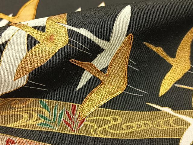 平和屋着物■豪華黒留袖 駒刺繍 飛鶴熨斗花文 金彩 正絹 逸品 BAAW9023hj