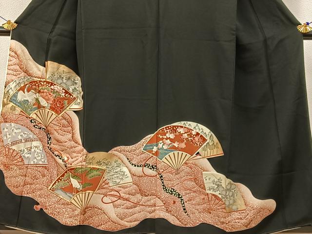 平和屋着物■豪華黒留袖 駒刺繍 群鶴扇面花文 金銀彩 正絹 逸品 BAAW9033hj
