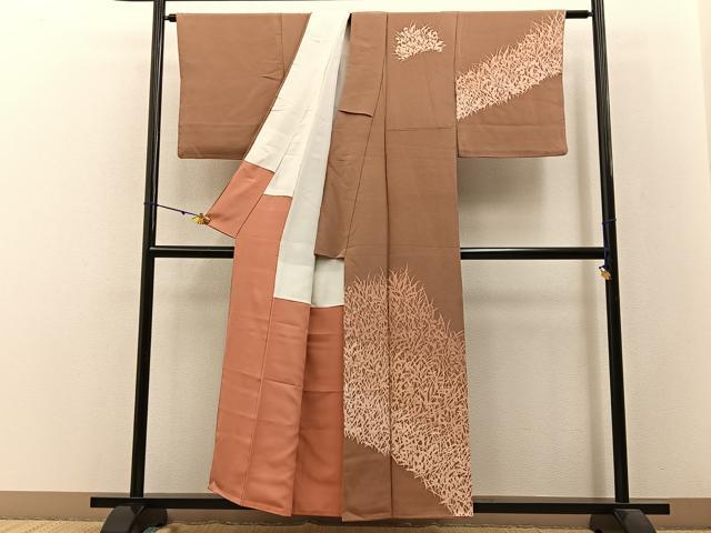 平和屋着物■訪問着 草葉シルエット 鬼しぼ縮緬 正絹 逸品 BAAW9076hj