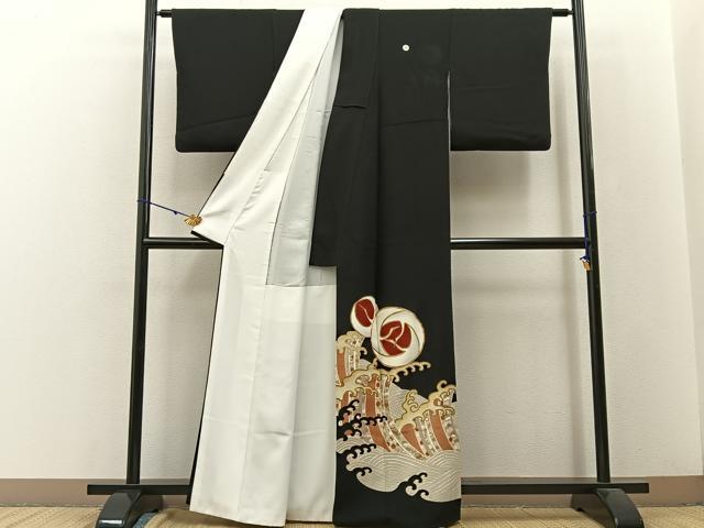 平和屋着物■豪華黒留袖 駒刺繍 飛鶴立波文 金彩 正絹 逸品 BAAW9154hj