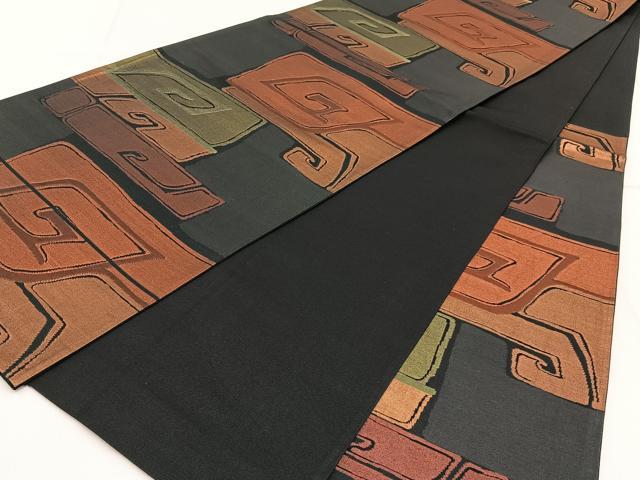 平和屋着物◎六通柄袋帯 抽象文様 黒地 金糸 正絹 逸品 BAAW9184hj