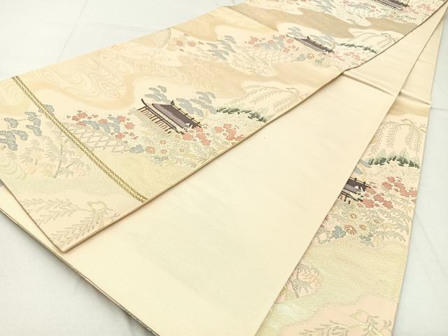 平和屋着物◎六通柄袋帯 唐織 風景花文 金銀糸 正絹 逸品 BAAW9194hj
