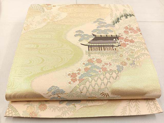 平和屋着物◎六通柄袋帯 唐織 風景花文 金銀糸 正絹 逸品 BAAW9194hj