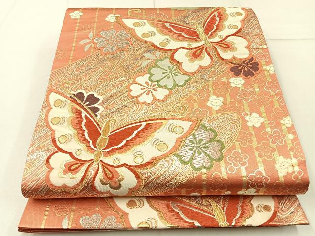 平和屋着物◎六通柄袋帯 唐織 花蝶文 金銀糸 正絹 逸品 BAAW9203hj