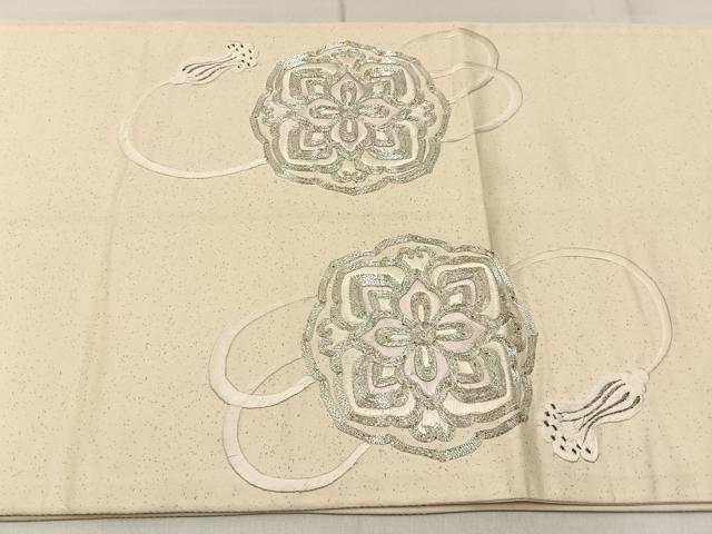 平和屋着物◎太鼓柄袋帯 総刺繍 駒刺繍 正倉院結び紐文 銀糸 正絹 逸品 BAAW9207hj