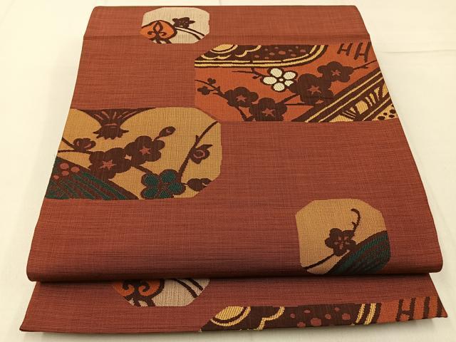 平和屋着物◎六通柄袋帯 紬地 枝梅文 正絹 逸品 BAAW9208hj