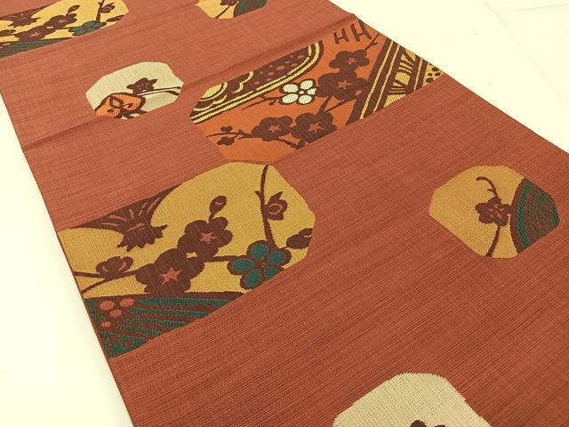 平和屋着物◎六通柄袋帯 紬地 枝梅文 正絹 逸品 BAAW9208hj