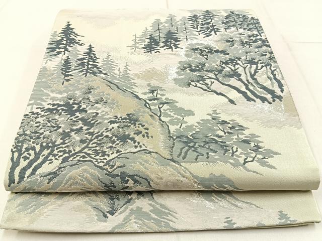 平和屋着物◎六通柄袋帯 樹林風景文 銀糸 正絹 逸品 BAAW9213hj