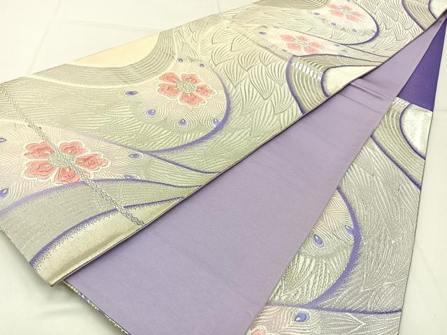 平和屋着物◎六通柄袋帯 唐織 孔雀羽花文 銀糸 正絹 逸品 BAAW9216hj