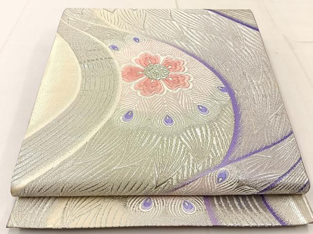 平和屋着物◎六通柄袋帯 唐織 孔雀羽花文 銀糸 正絹 逸品 BAAW9216hj