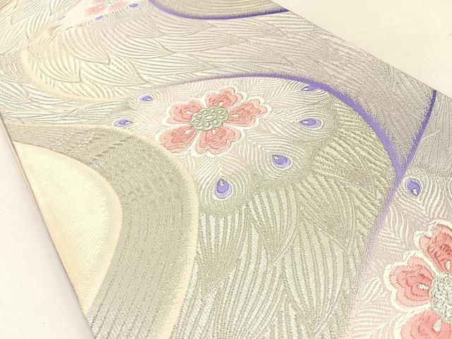 平和屋着物◎六通柄袋帯 唐織 孔雀羽花文 銀糸 正絹 逸品 BAAW9216hj