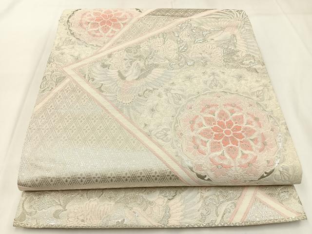 平和屋着物◎六通柄袋帯 宝相華 花喰い鳥 銀糸 正絹 逸品 BAAW9344hj