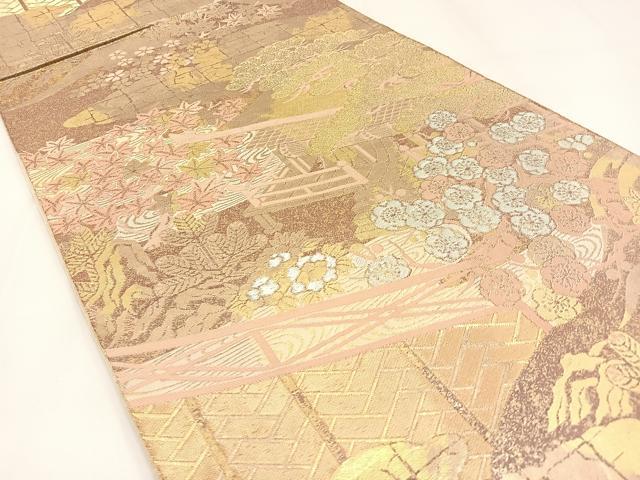 平和屋着物◎西陣 服部織物謹製 六通柄袋帯 風景花文 こはく錦 特選 手工芸 金銀糸 引箔 正絹 逸品 BAAW9374hj
