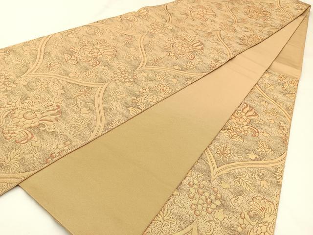平和屋着物◎六通柄 本袋帯 ふくれ織 更紗花文 金糸 正絹 逸品 BAAW9392hj