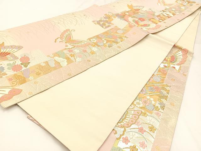 平和屋着物◎六通柄袋帯 唐織 綾綴 短冊蝶花文 金銀糸 正絹 逸品 BAAW9394hj