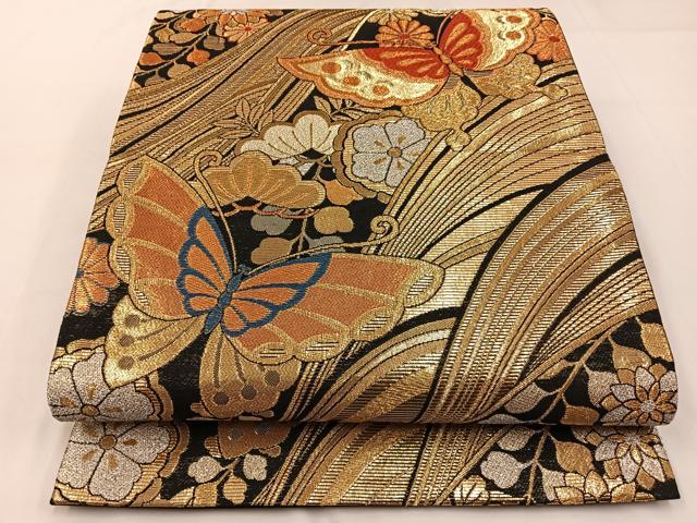 平和屋着物◎六通柄袋帯 唐織 流水花蝶文 黒地 金銀糸 正絹 逸品 BAAW9396hj