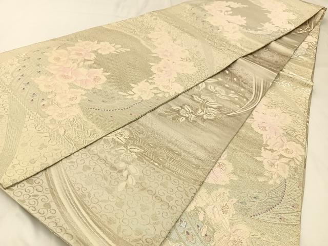 平和屋着物◎両面 全通柄袋帯 唐織 カトレア 銀糸 正絹 逸品 BAAW9404hj