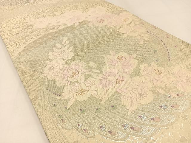 平和屋着物◎両面 全通柄袋帯 唐織 カトレア 銀糸 正絹 逸品 BAAW9404hj