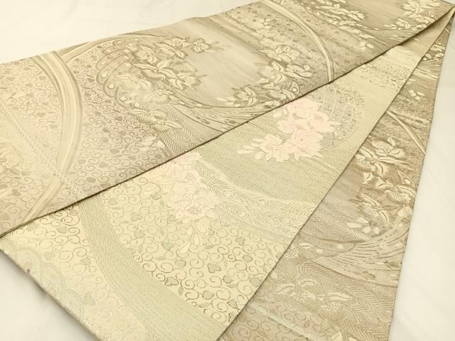 平和屋着物◎両面 全通柄袋帯 唐織 カトレア 銀糸 正絹 逸品 BAAW9404hj