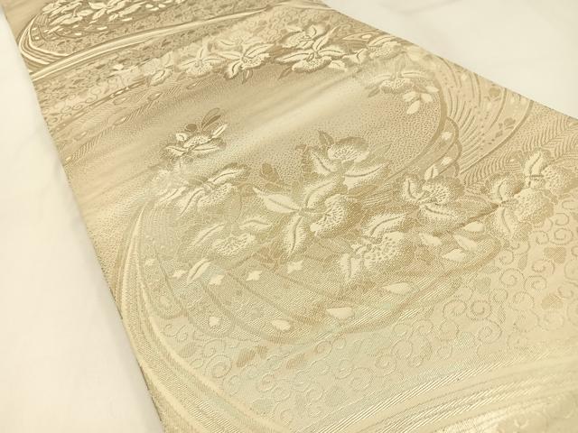 平和屋着物◎両面 全通柄袋帯 唐織 カトレア 銀糸 正絹 逸品 BAAW9404hj