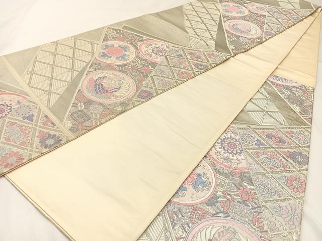 平和屋着物◎六通柄袋帯 唐織 飛鶴花丸文 銀糸 正絹 逸品 BAAW9410hj