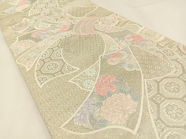 平和屋着物◎六通柄袋帯 唐織 束ね熨斗花文 銀糸 正絹 逸品 BAAW9412hj