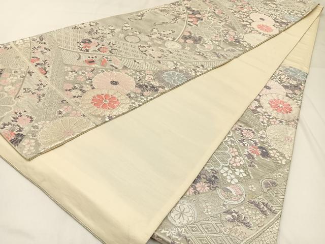 平和屋着物◎六通柄袋帯 唐織 宝尽くし花文 プラチナ本銀二重織 正絹 逸品 BAAW9413hj