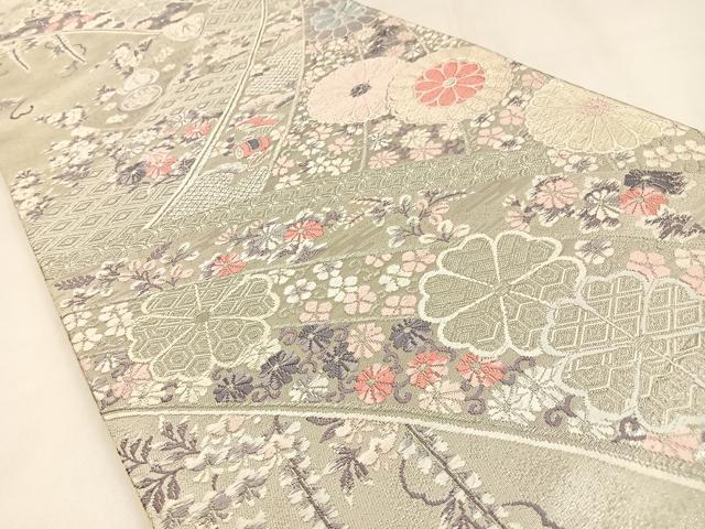 平和屋着物◎六通柄袋帯 唐織 宝尽くし花文 プラチナ本銀二重織 正絹 逸品 BAAW9413hj