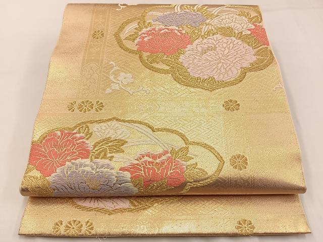 平和屋着物◎六通柄 本袋帯 唐織 格天井牡丹文 金糸 正絹 逸品 BAAW9430hj