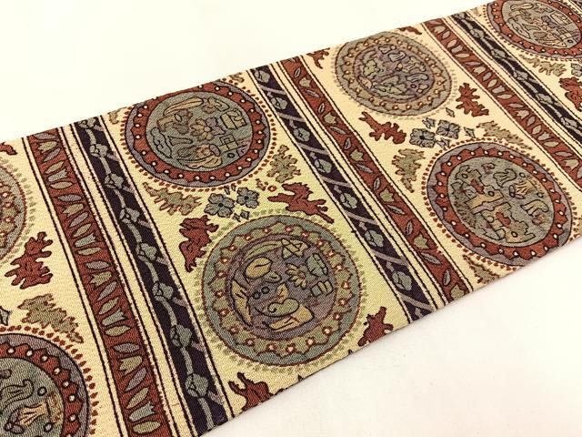 平和屋着物◎全通柄九寸名古屋帯 横段花丸文 鬼しぼ縮緬 正絹 逸品 BAAW9439hj