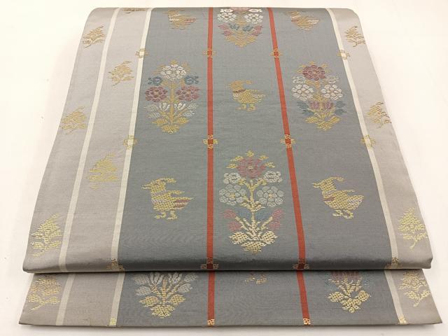 平和屋着物◎六通柄袋帯 竹屋町刺繍 花鳥文 金糸 正絹 逸品 BAAW9441hj