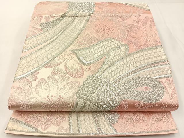 平和屋着物◎六通柄袋帯 唐織 束ね熨斗桜文 銀糸 正絹 逸品 BAAW9448hj