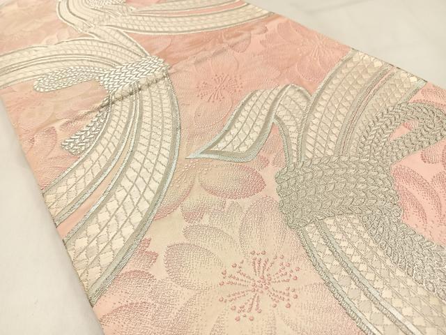 平和屋着物◎六通柄袋帯 唐織 束ね熨斗桜文 銀糸 正絹 逸品 BAAW9448hj