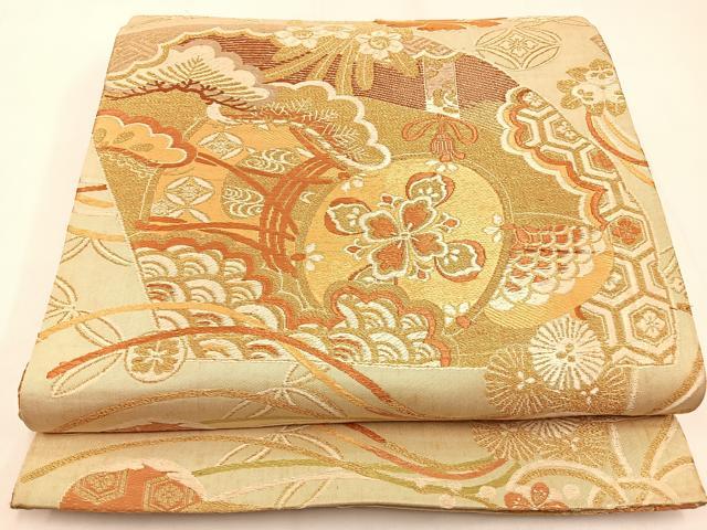 平和屋着物◎アンティーク 大正ロマン 丸帯 唐織 檜扇鼓花文 金糸 正絹 逸品 BAAW9457hj