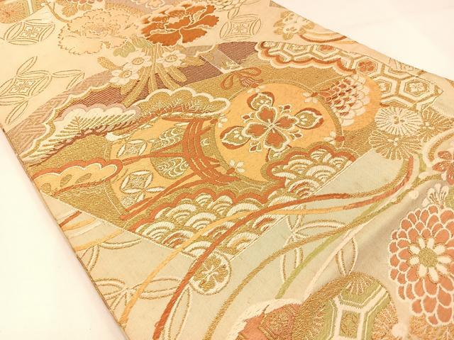 平和屋着物◎アンティーク 大正ロマン 丸帯 唐織 檜扇鼓花文 金糸 正絹 逸品 BAAW9457hj